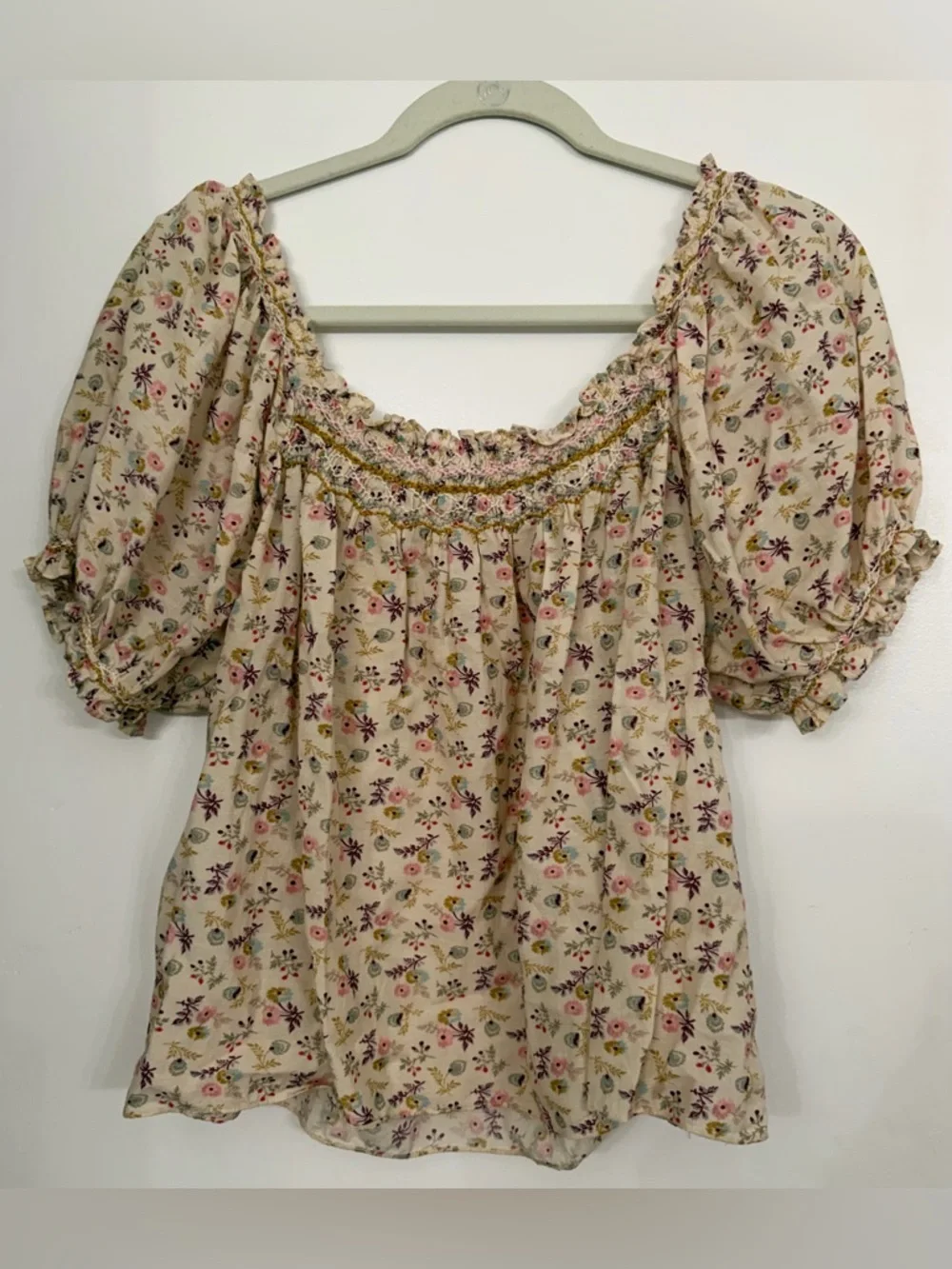 Doen Cream Floral Smocked Square-Neck Blouse